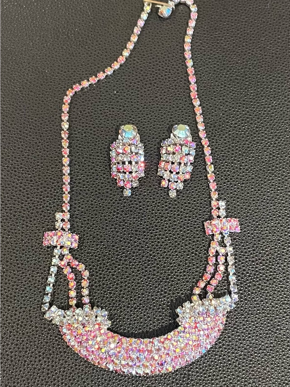 Vintage Pink Aurora Crystal Necklace and Earring Set